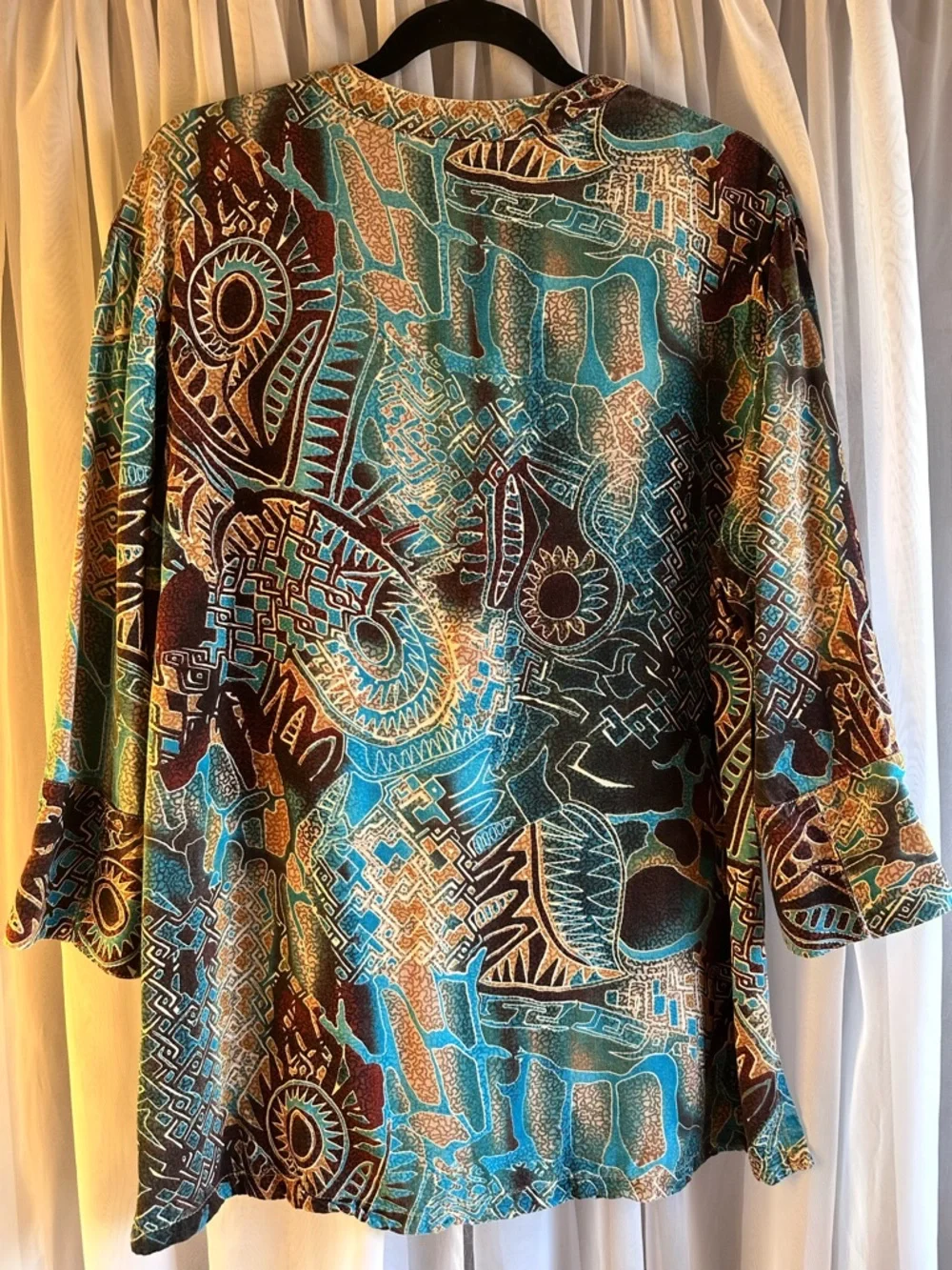 Tianello Soul of Africa Diva Abstract V-Neck Blouse in Teal and Brown size M - Picture 7 of 11